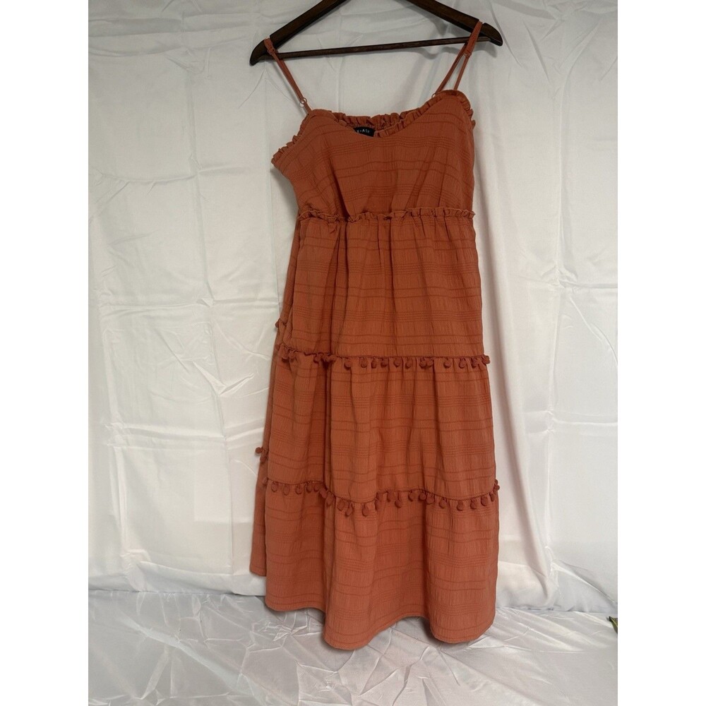 Max + Ash Women's Orange Smocked Strappy Ruffle Pom-Pom V-Neck Midi Dress M